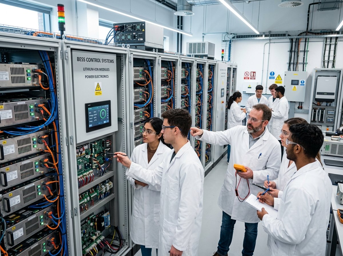 Engineers and ITI diploma students inspecting Battery Energy Storage Systems BESS rack modules
