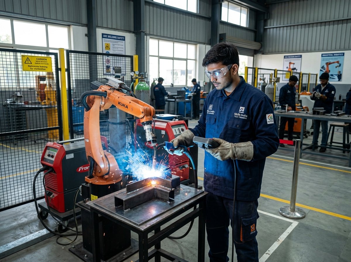 Industrial welding technician practicing robotic welding training at Fronius certified center in Pune